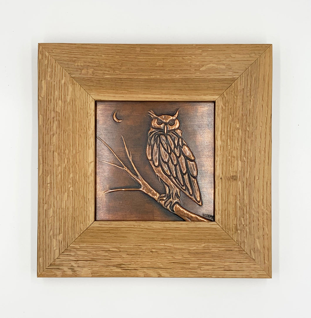 Framed Great Horned Owl Copper Tin
